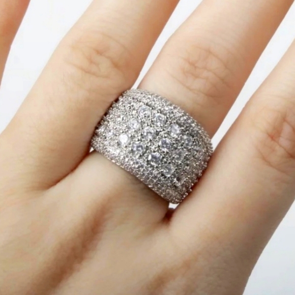 NEW Silver Round Simulate Diamond Pave Wide Band Ring - Picture 11 of 13